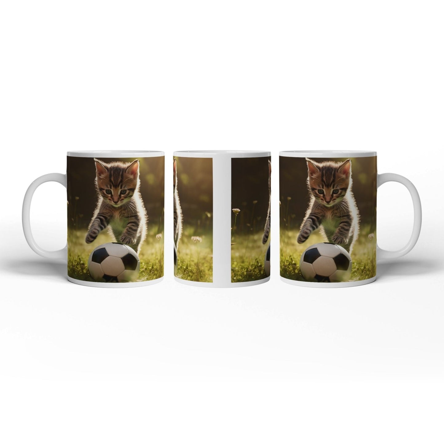 Motivtasse Katzenkick – flauschiger Fußballspaß im Sonnenlicht. - deyoli
