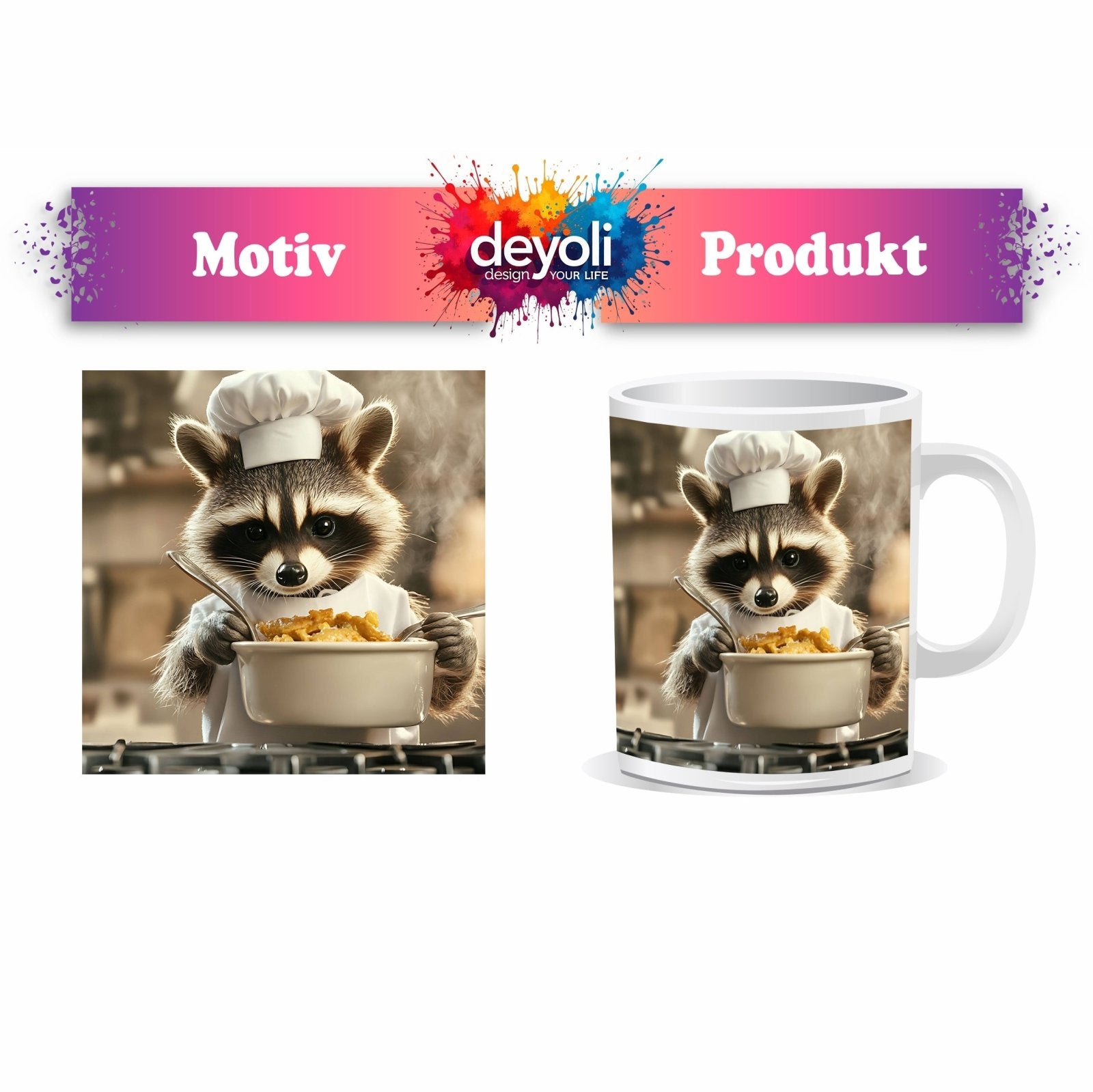 Motivtasse Kleiner Koch, große Pfanne – Waschbär am Herd. - deyoli