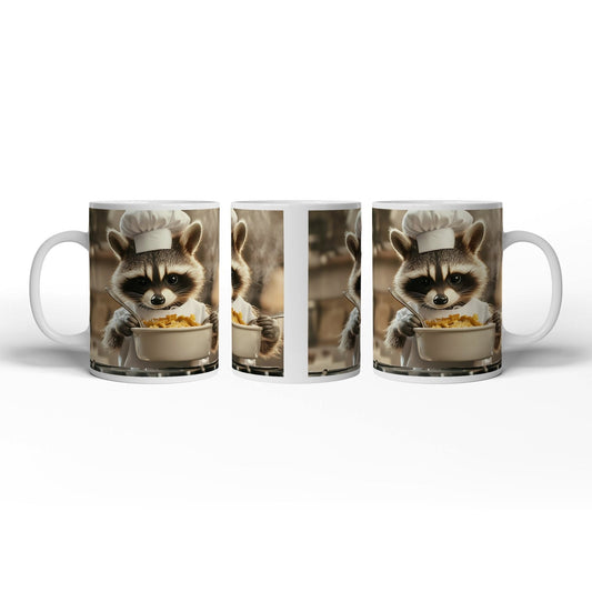 Motivtasse Kleiner Koch, große Pfanne – Waschbär am Herd. - deyoli