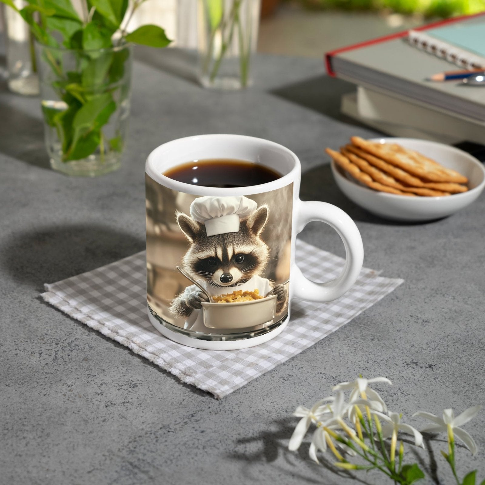 Motivtasse Kleiner Koch, große Pfanne – Waschbär am Herd. - deyoli