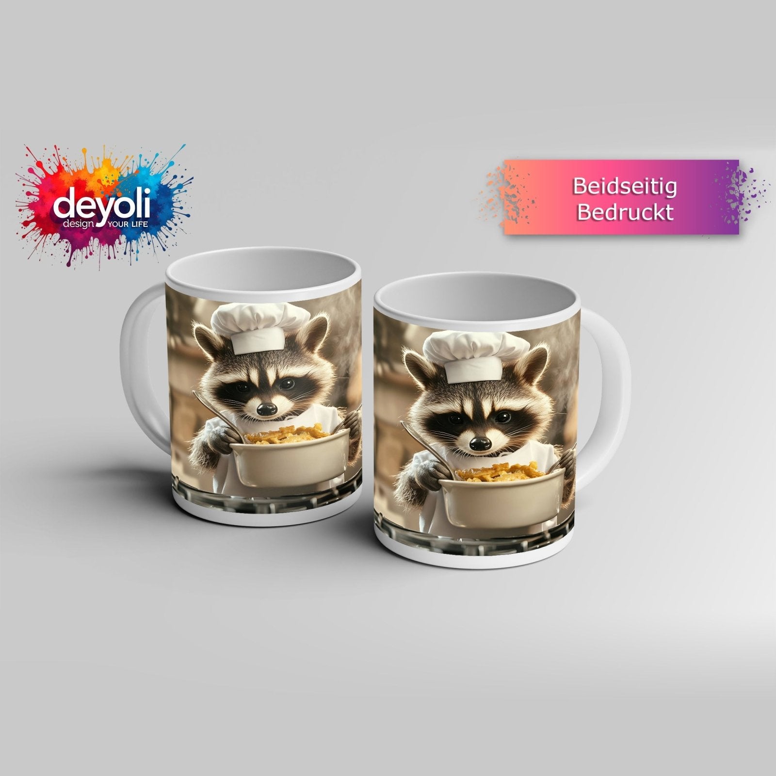 Motivtasse Kleiner Koch, große Pfanne – Waschbär am Herd. - deyoli