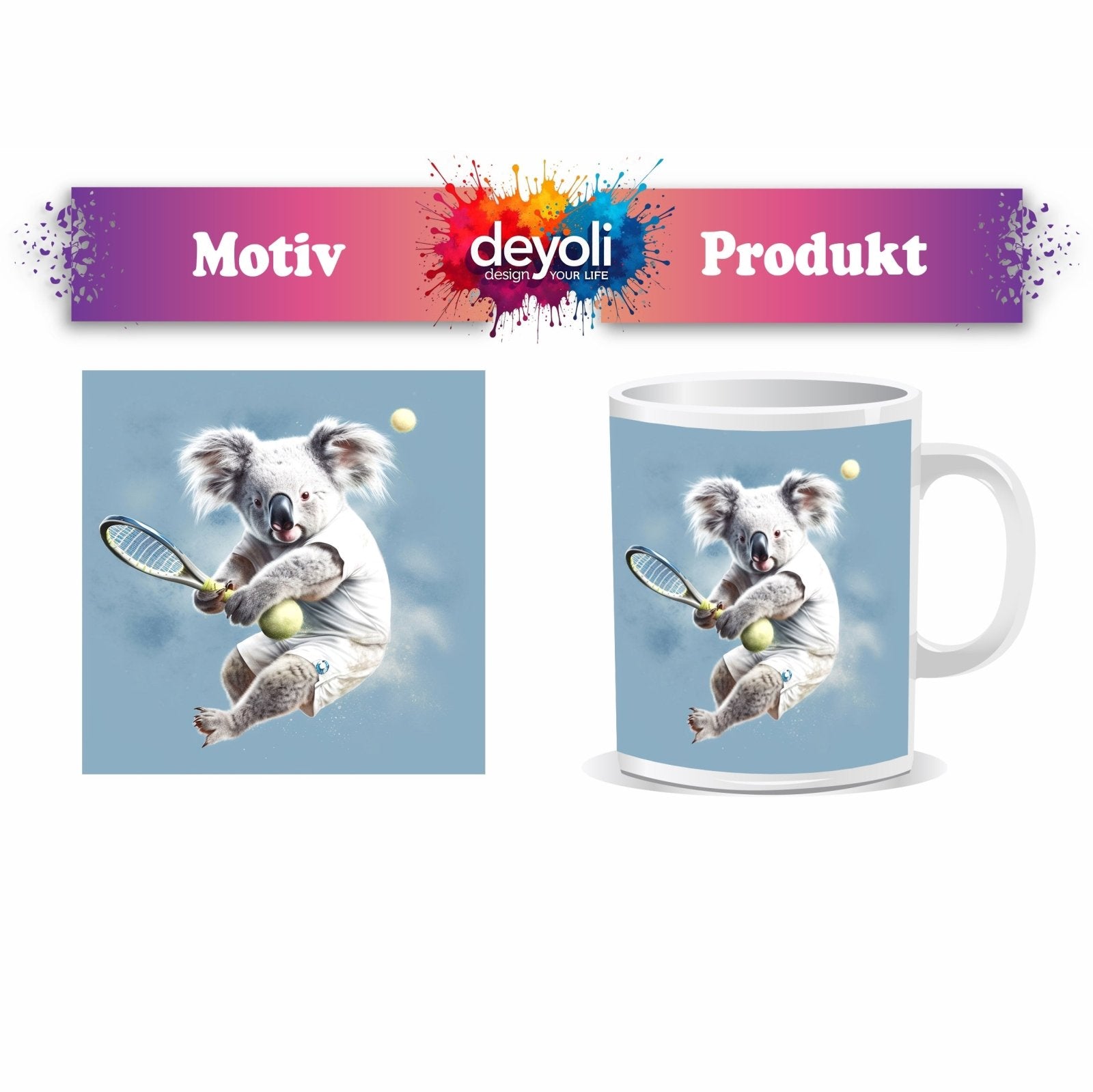 Motivtasse Koala am Court – flauschig, flink und fokussiert. - deyoli