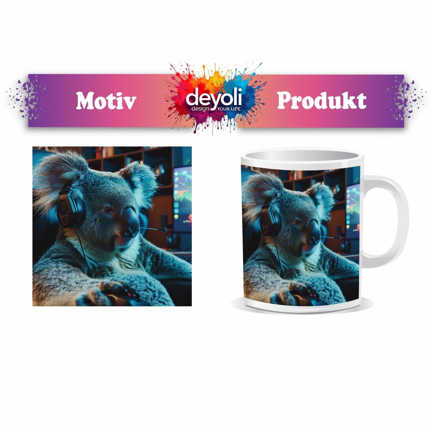 Motivtasse Koala - Gamer – konzentriert am Controller im Neonlicht. - deyoli