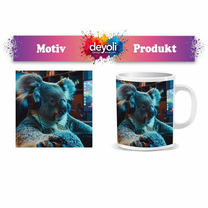 Motivtasse Koala - Gamer – konzentriert am Controller im Neonlicht. - deyoli