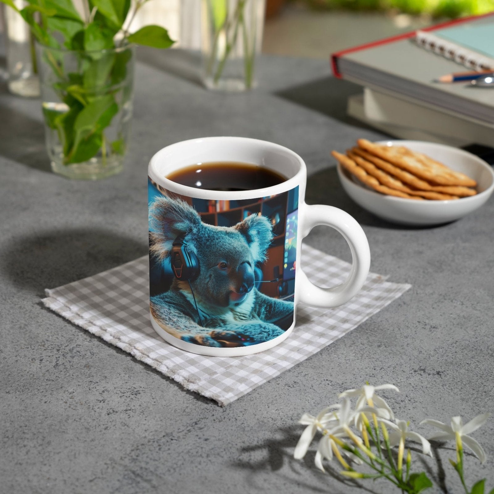 Motivtasse Koala - Gamer – konzentriert am Controller im Neonlicht. - deyoli