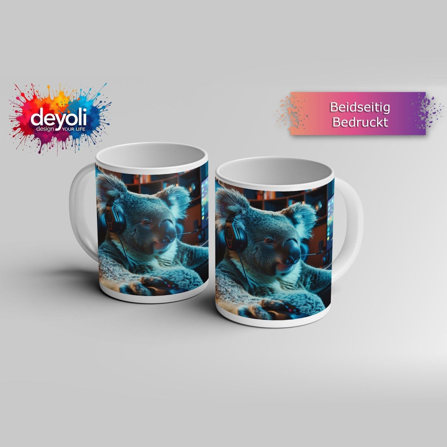 Motivtasse Koala - Gamer – konzentriert am Controller im Neonlicht. - deyoli