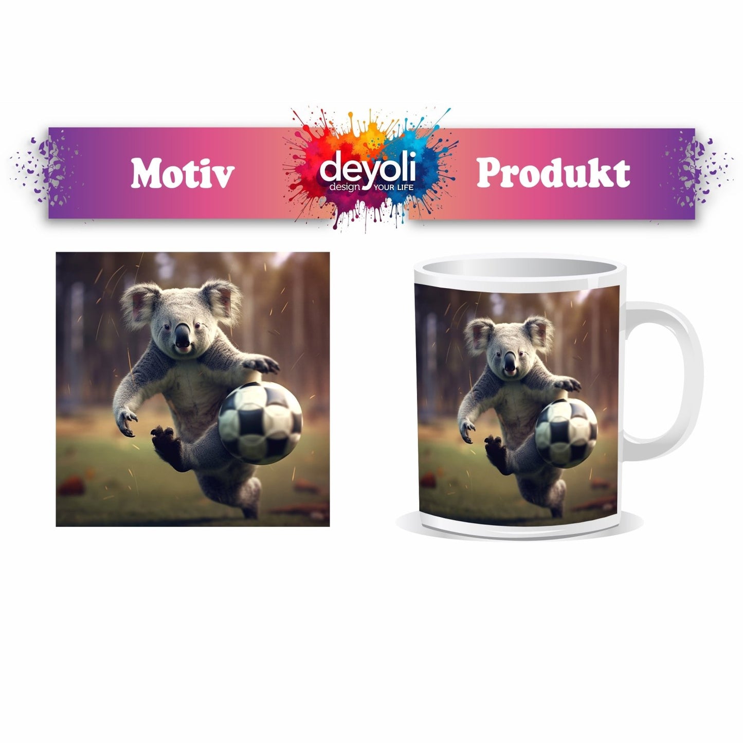 Motivtasse Koala - Kick – wild entschlossen auf dem Spielfeld. - deyoli