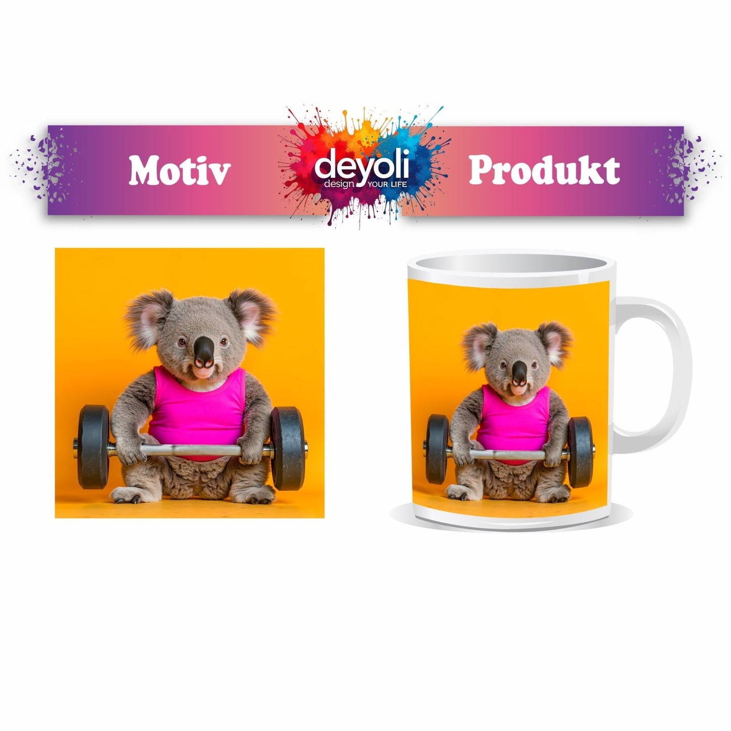 Motivtasse Koala - Power – flauschig stark mit Hantel und Stil. - deyoli