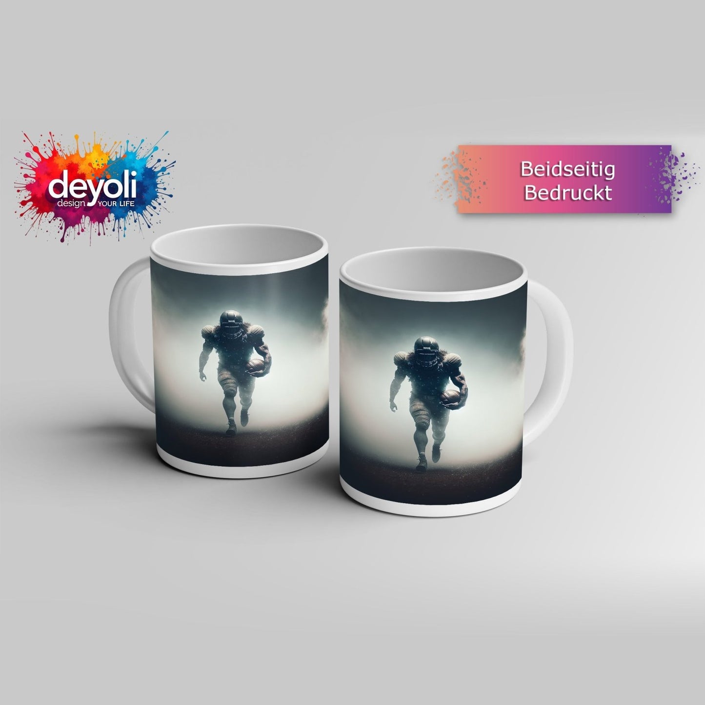 Motivtasse Krieger des Spiels taucht aus dem Nebel der Spannung auf. - deyoli