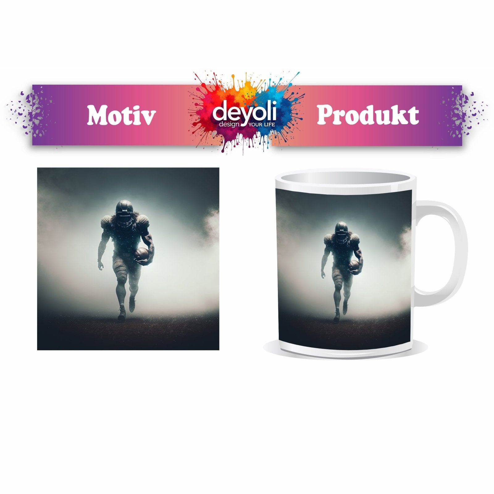 Motivtasse Krieger des Spiels taucht aus dem Nebel der Spannung auf. - deyoli