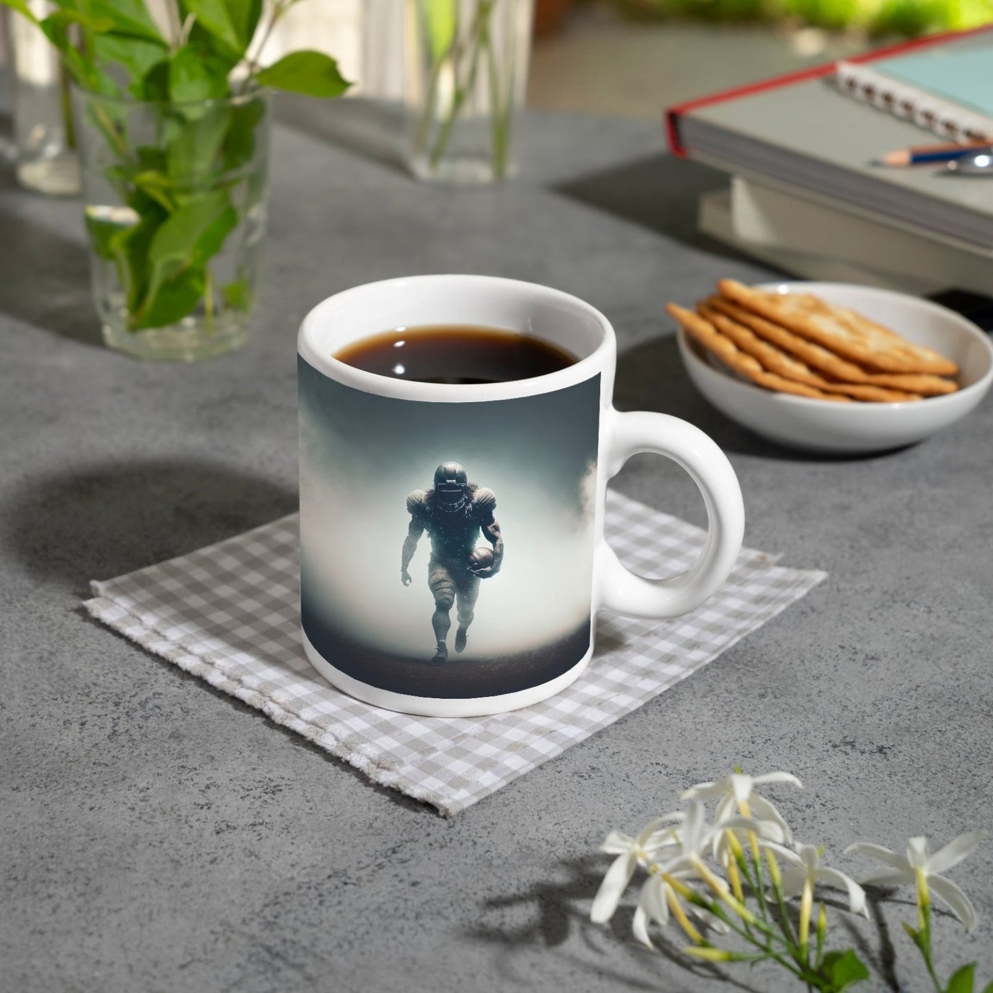 Motivtasse Krieger des Spiels taucht aus dem Nebel der Spannung auf. - deyoli