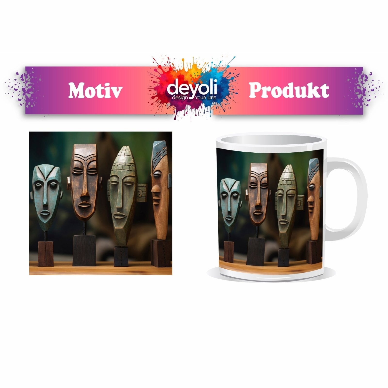 Motivtasse Kunstvolle Masken erzählen Geschichten in stiller Präsenz. - deyoli