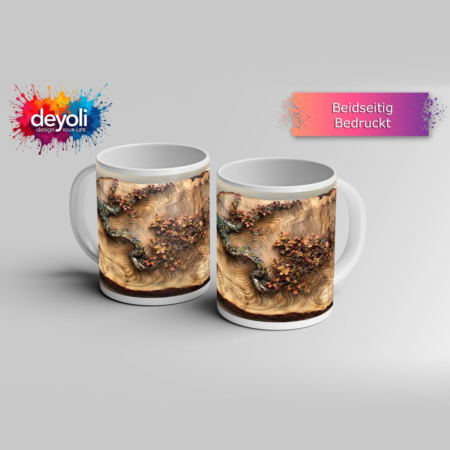 Motivtasse Kunstvoller Ast auf edlem Holz – Natur als Gemälde. - deyoli