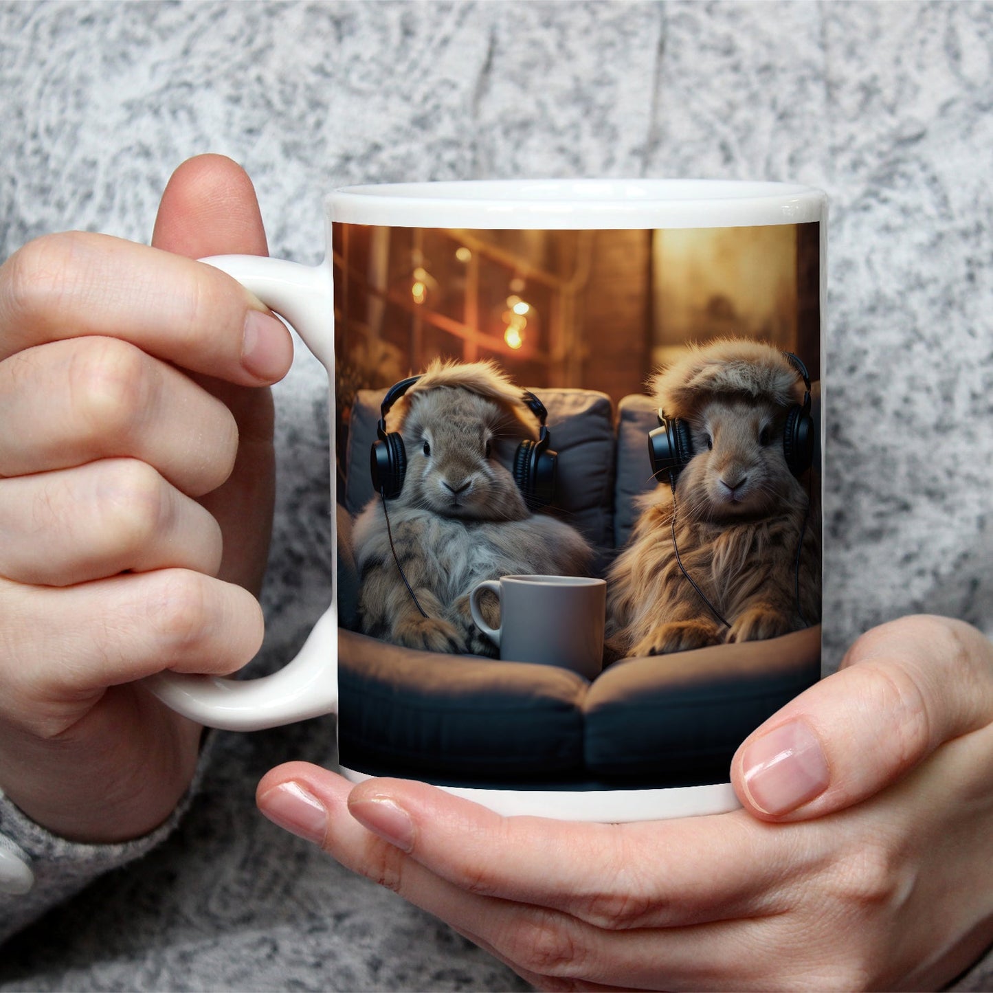 Motivtasse Kuschelige Kaninchen lauschen Beats bei Kerzenschein. - deyoli