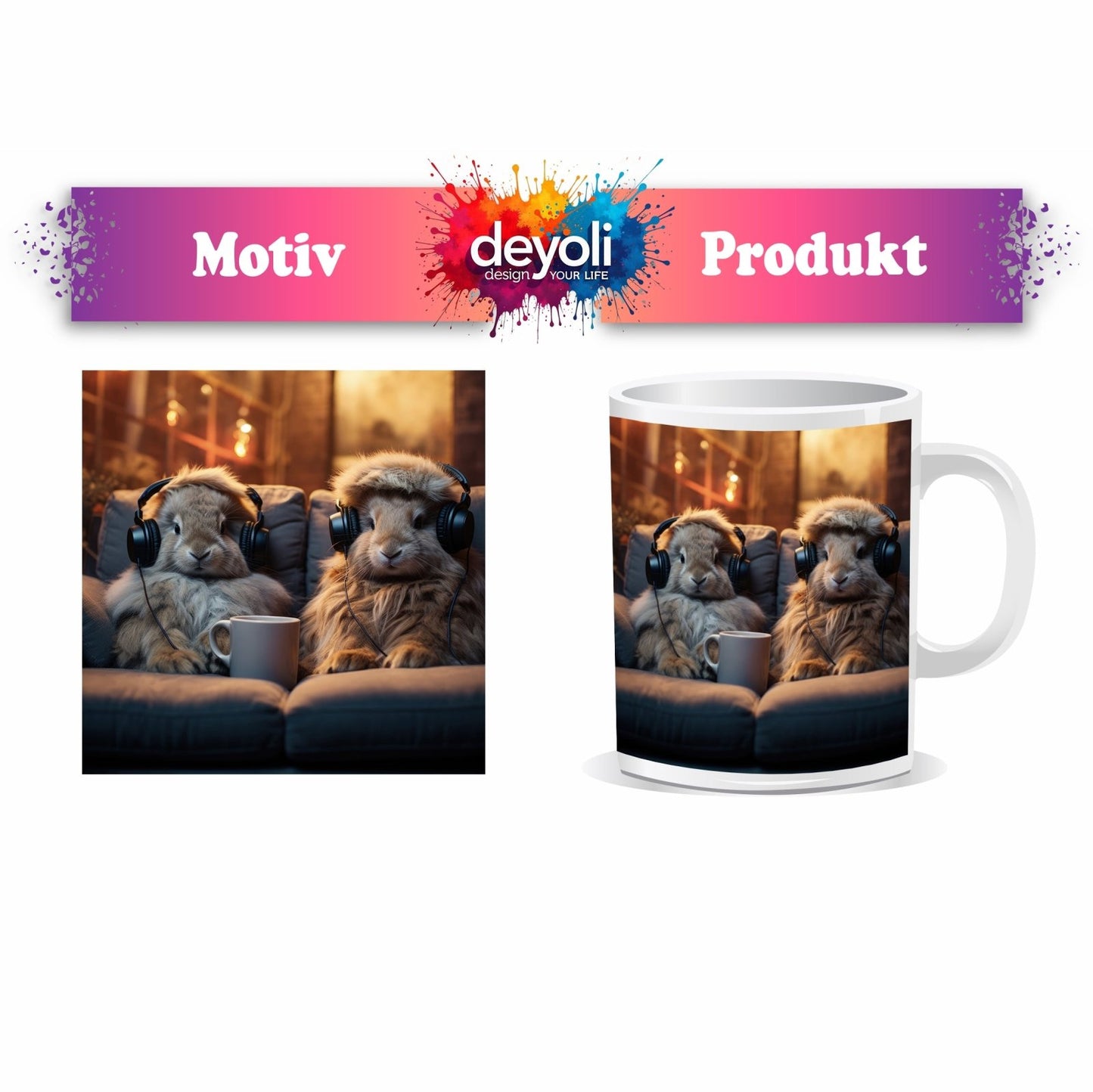 Motivtasse Kuschelige Kaninchen lauschen Beats bei Kerzenschein. - deyoli
