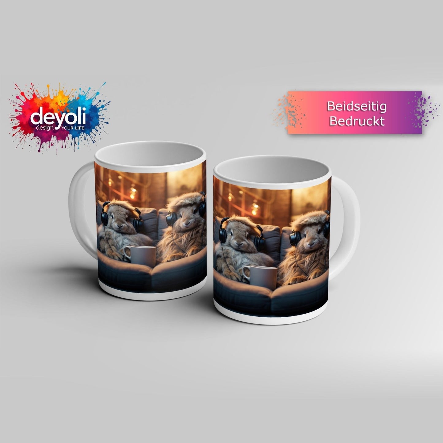 Motivtasse Kuschelige Kaninchen lauschen Beats bei Kerzenschein. - deyoli