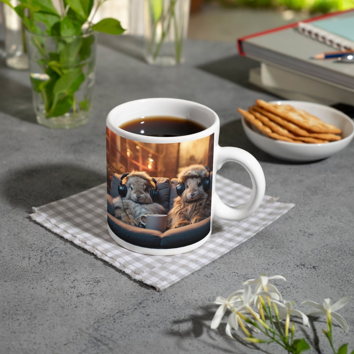 Motivtasse Kuschelige Kaninchen lauschen Beats bei Kerzenschein. - deyoli