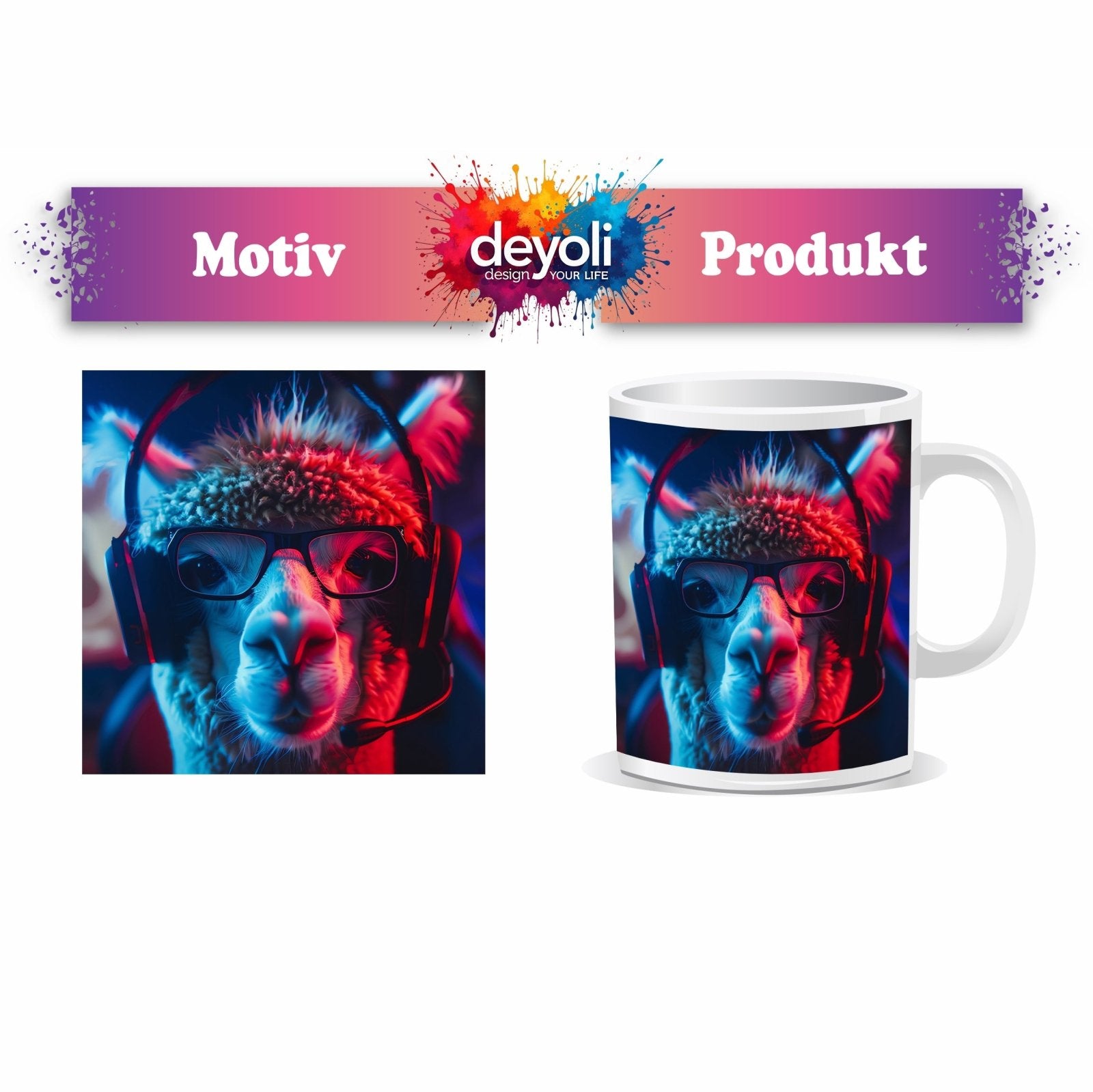 Motivtasse Lama im Game – mit Brille, Headset und vollem Einsatz. - deyoli