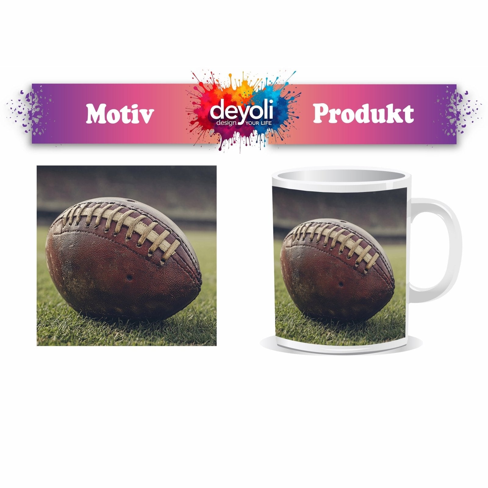 Motivtasse Leder, Rasen, Spannung – Football in Nahaufnahme. - deyoli