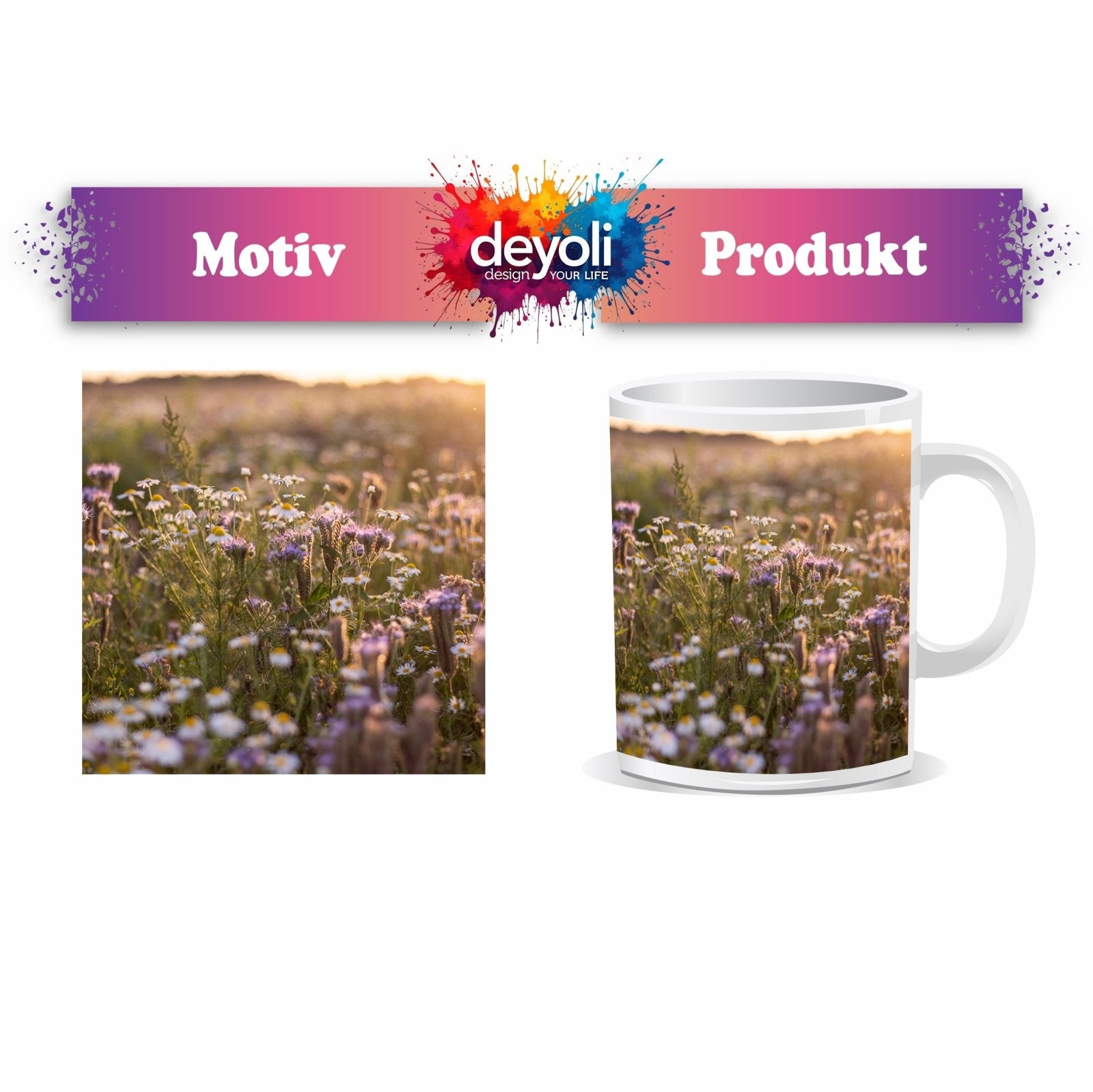 Motivtasse Lila Flüstern und Kamillen im Glanz der sinkenden Sonne. - deyoli