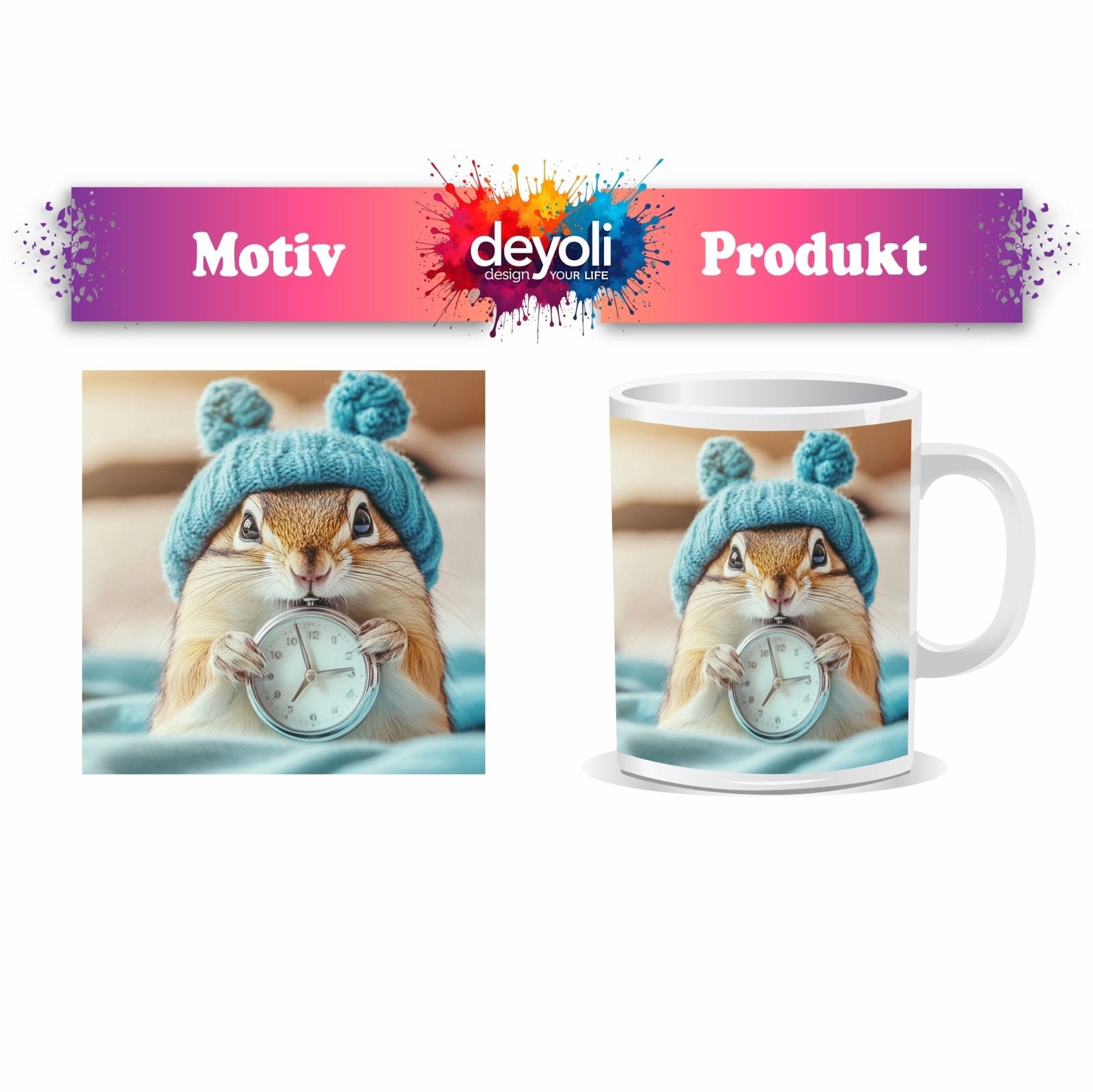 Motivtasse Morgenzauber – Eichhörnchen mit Uhr und Mütze. - deyoli