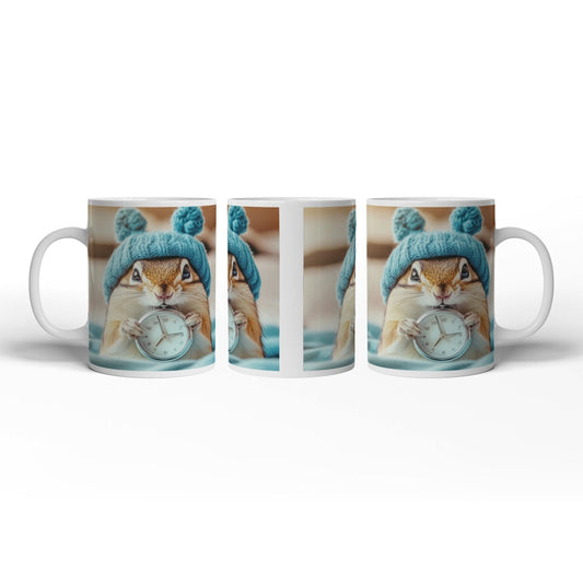 Motivtasse Morgenzauber – Eichhörnchen mit Uhr und Mütze. - deyoli