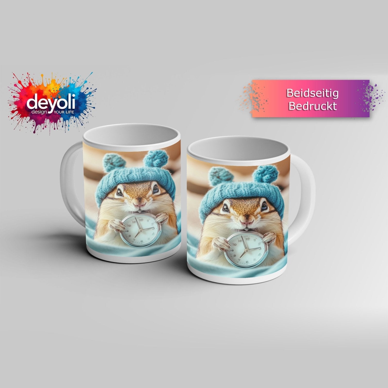 Motivtasse Morgenzauber – Eichhörnchen mit Uhr und Mütze. - deyoli
