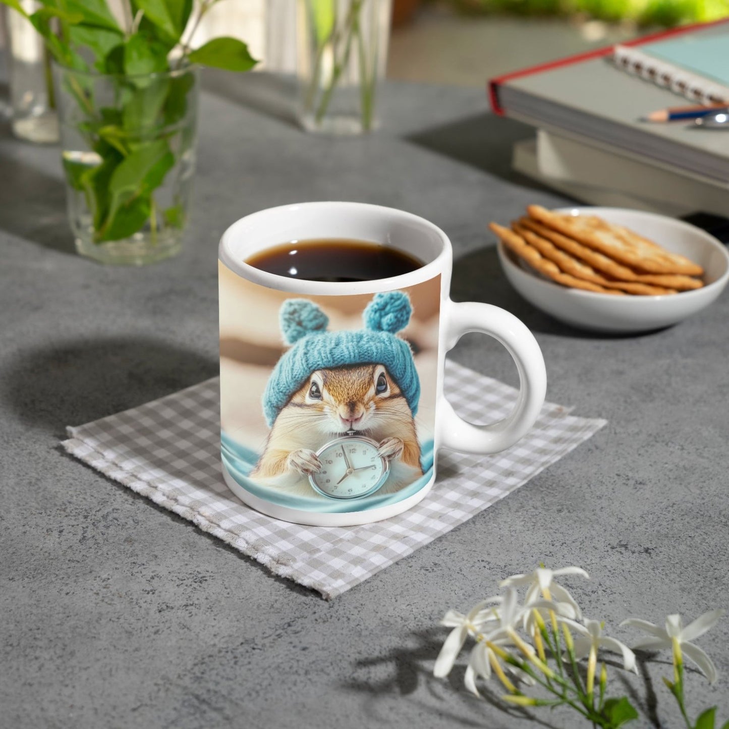 Motivtasse Morgenzauber – Eichhörnchen mit Uhr und Mütze. - deyoli