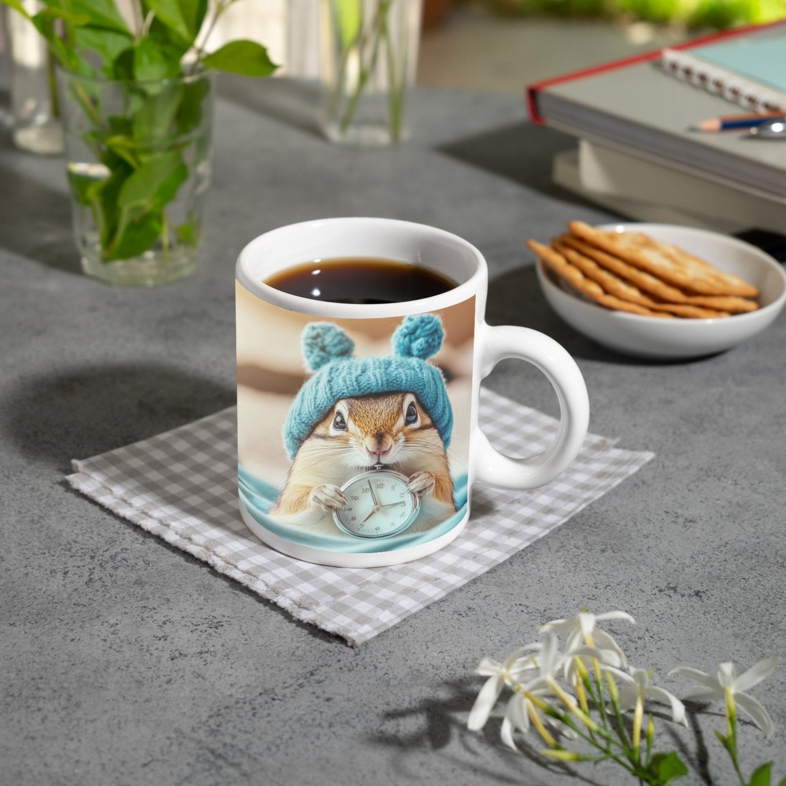 Motivtasse Morgenzauber – Eichhörnchen mit Uhr und Mütze. - deyoli