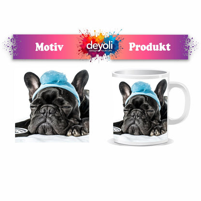 Motivtasse Müder Mops mit Fieber – Ruhe heilt auf vier Pfoten. - deyoli