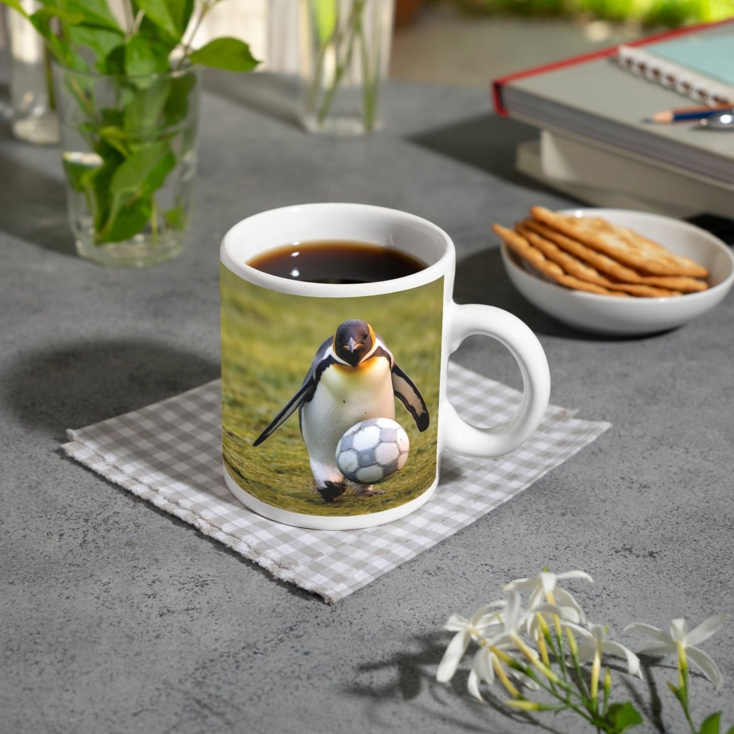 Motivtasse Pinguin mit Ballgefühl – elegant auf dem Spielfeld. - deyoli