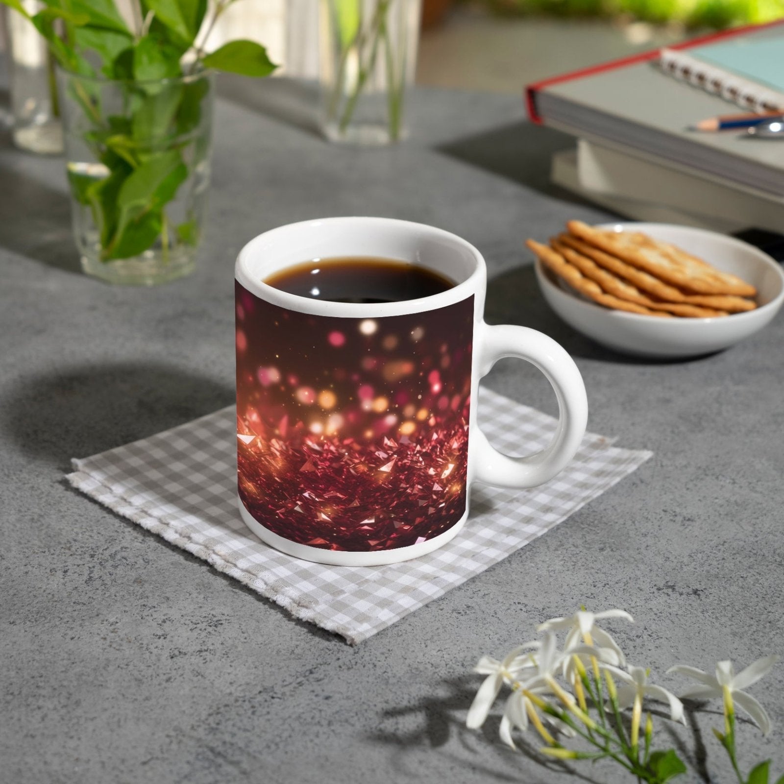 Motivtasse Rubinrote Kristalle funkeln im Bokeh der Fantasie. - deyoli