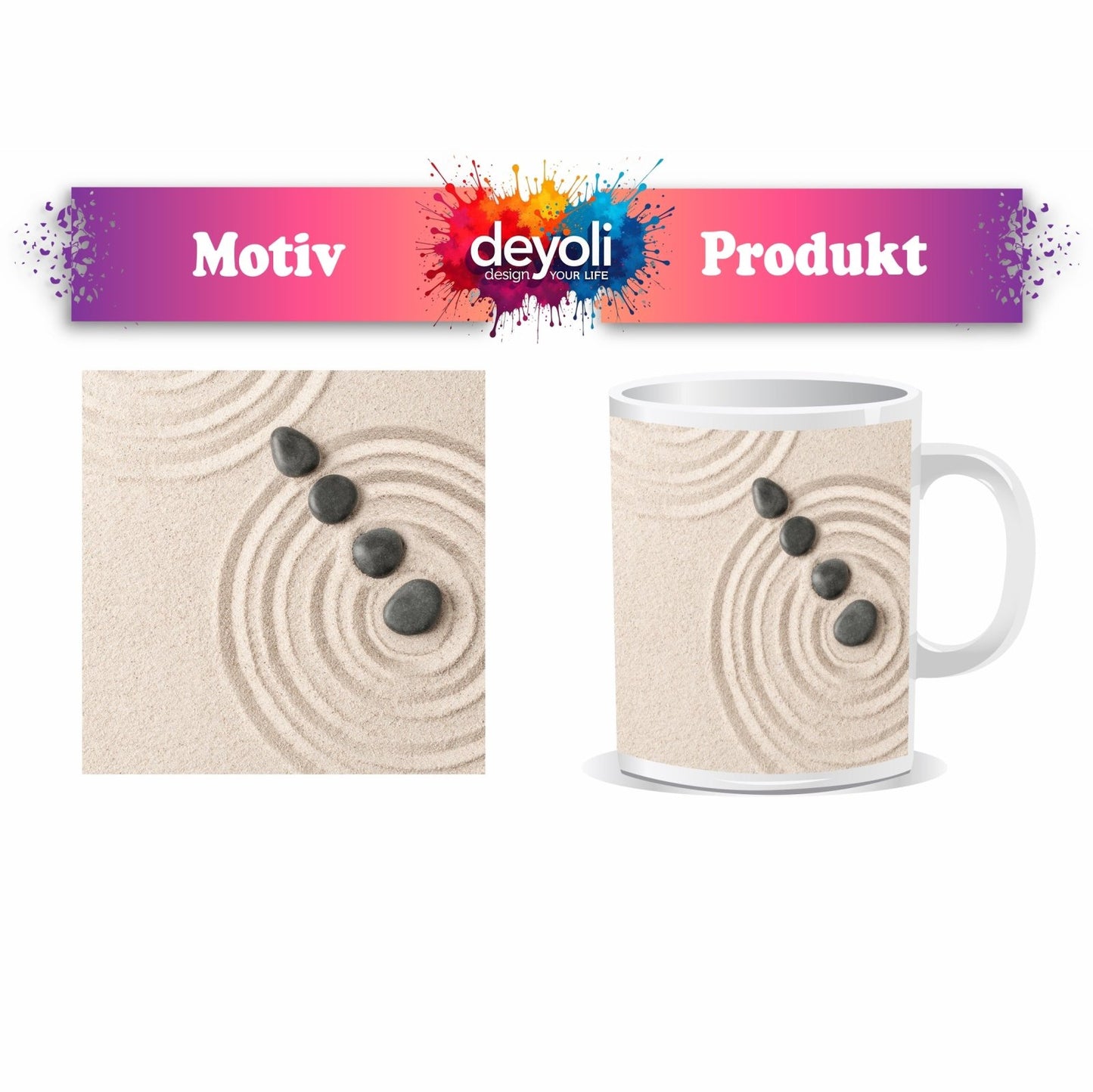 Motivtasse Ruhe in Kreisen – Zen - Garten aus Sand und Stein. - deyoli