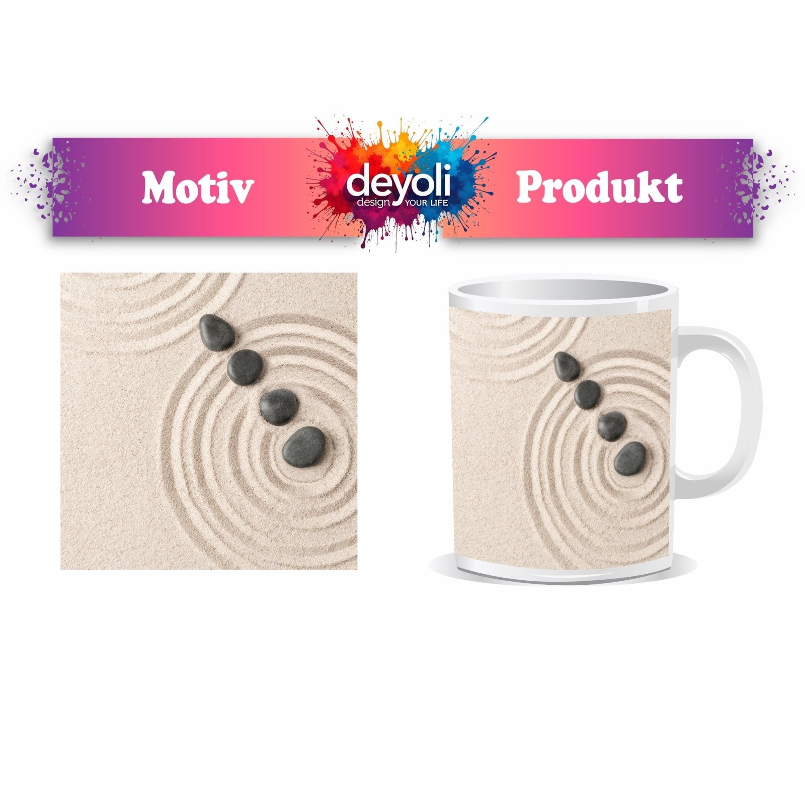 Motivtasse Ruhe in Kreisen – Zen - Garten aus Sand und Stein. - deyoli