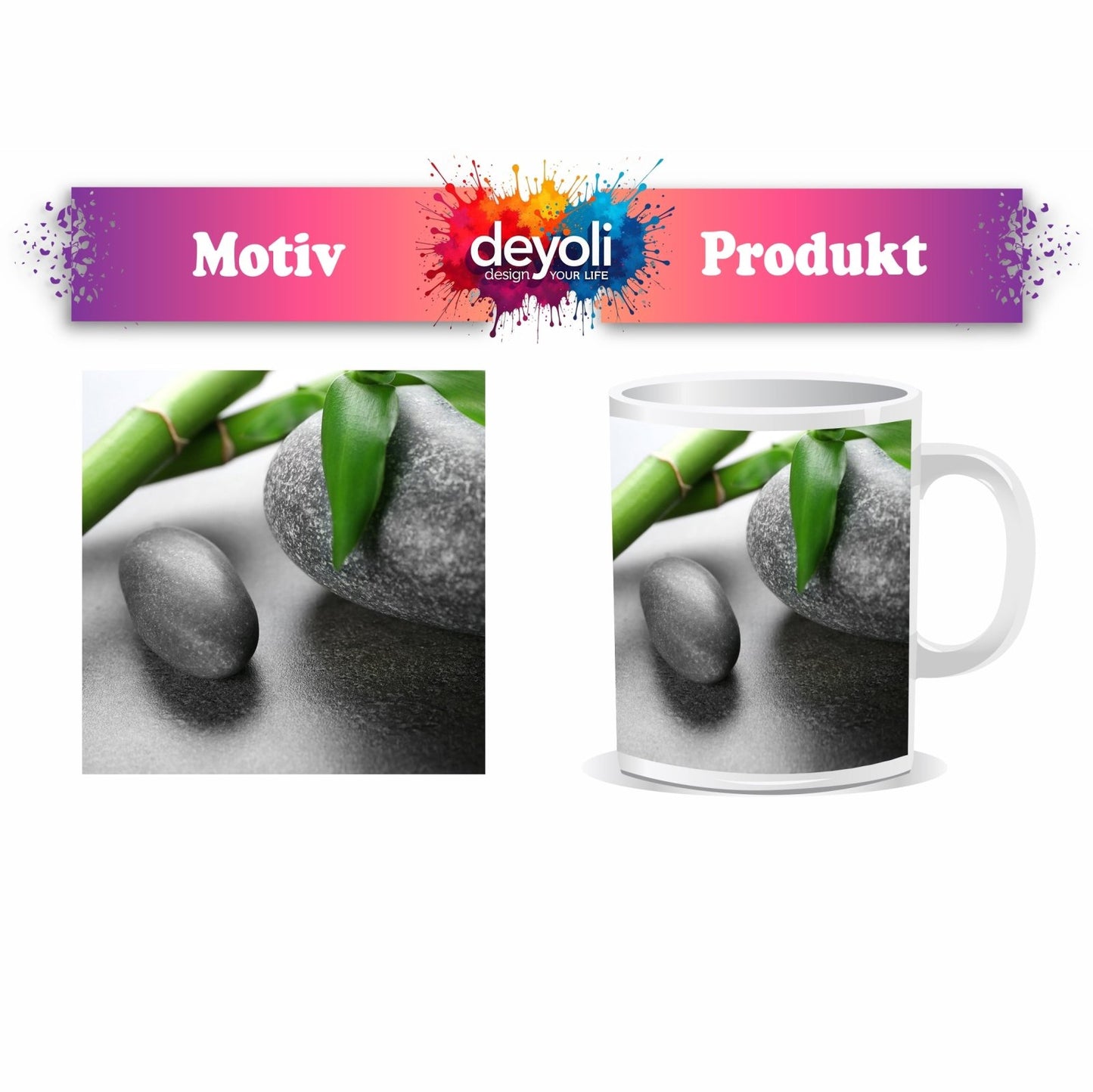 Motivtasse Sanfte Harmonie aus glattem Stein, Bambus und frischem Grün. - deyoli
