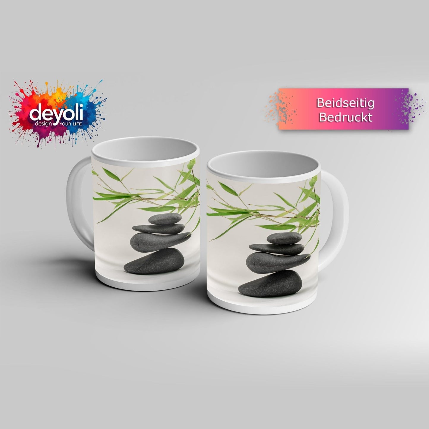 Motivtasse Sanftes Gleichgewicht – dunkle Steine und zarte Bambusblätter. - deyoli