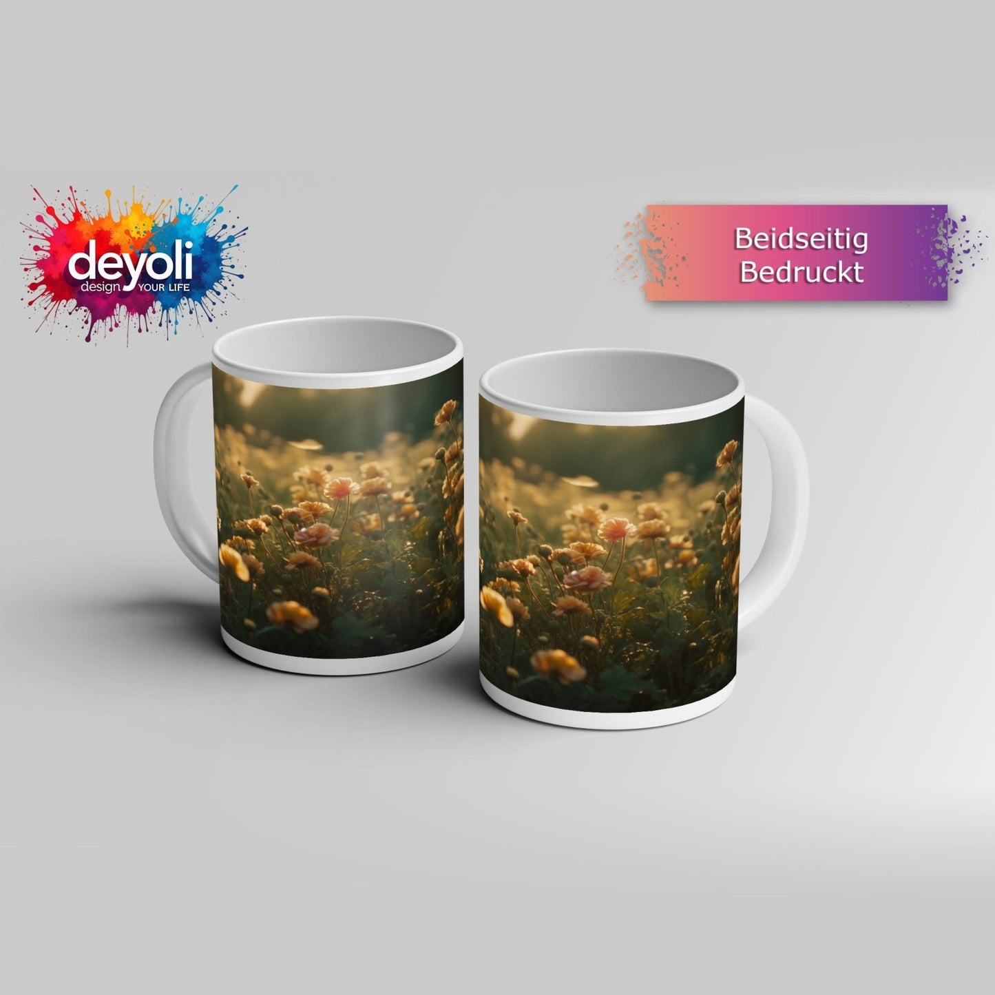 Motivtasse Sanftes Licht küsst ein Feld aus buttergelben Blumen. - deyoli