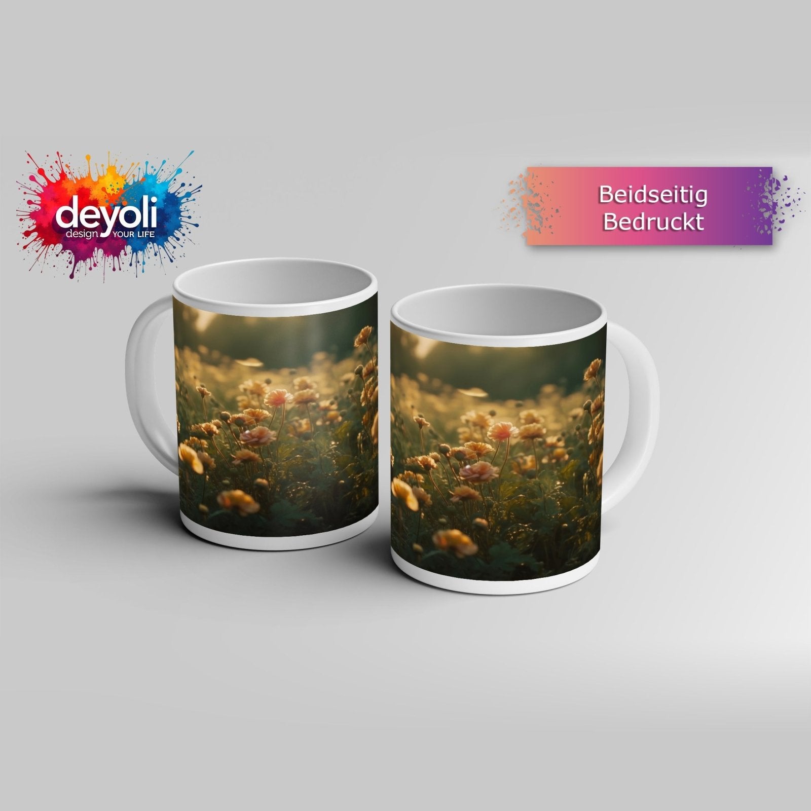 Motivtasse Sanftes Licht küsst ein Feld aus buttergelben Blumen. - deyoli