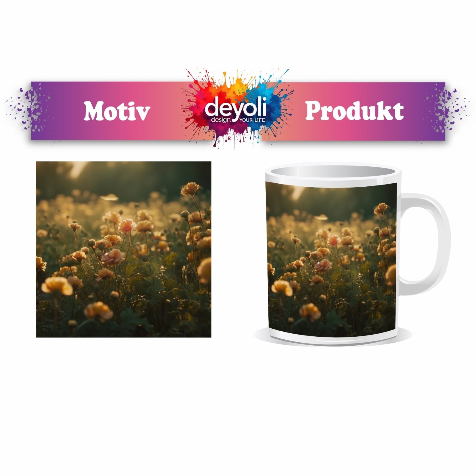 Motivtasse Sanftes Licht küsst ein Feld aus buttergelben Blumen. - deyoli