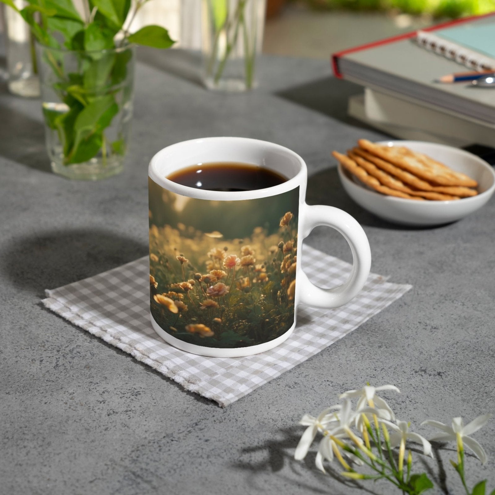 Motivtasse Sanftes Licht küsst ein Feld aus buttergelben Blumen. - deyoli