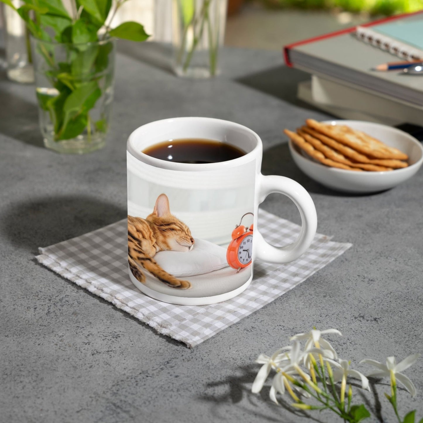 Motivtasse Schlummerkatze und Uhr – Zeit steht still im Traum. - deyoli