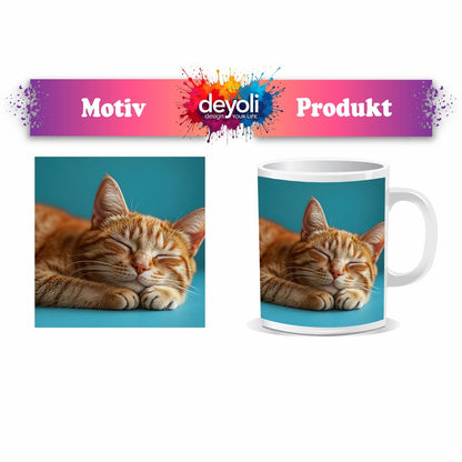Motivtasse Schlummernde Katze träumt, die Zeit bleibt still. - deyoli