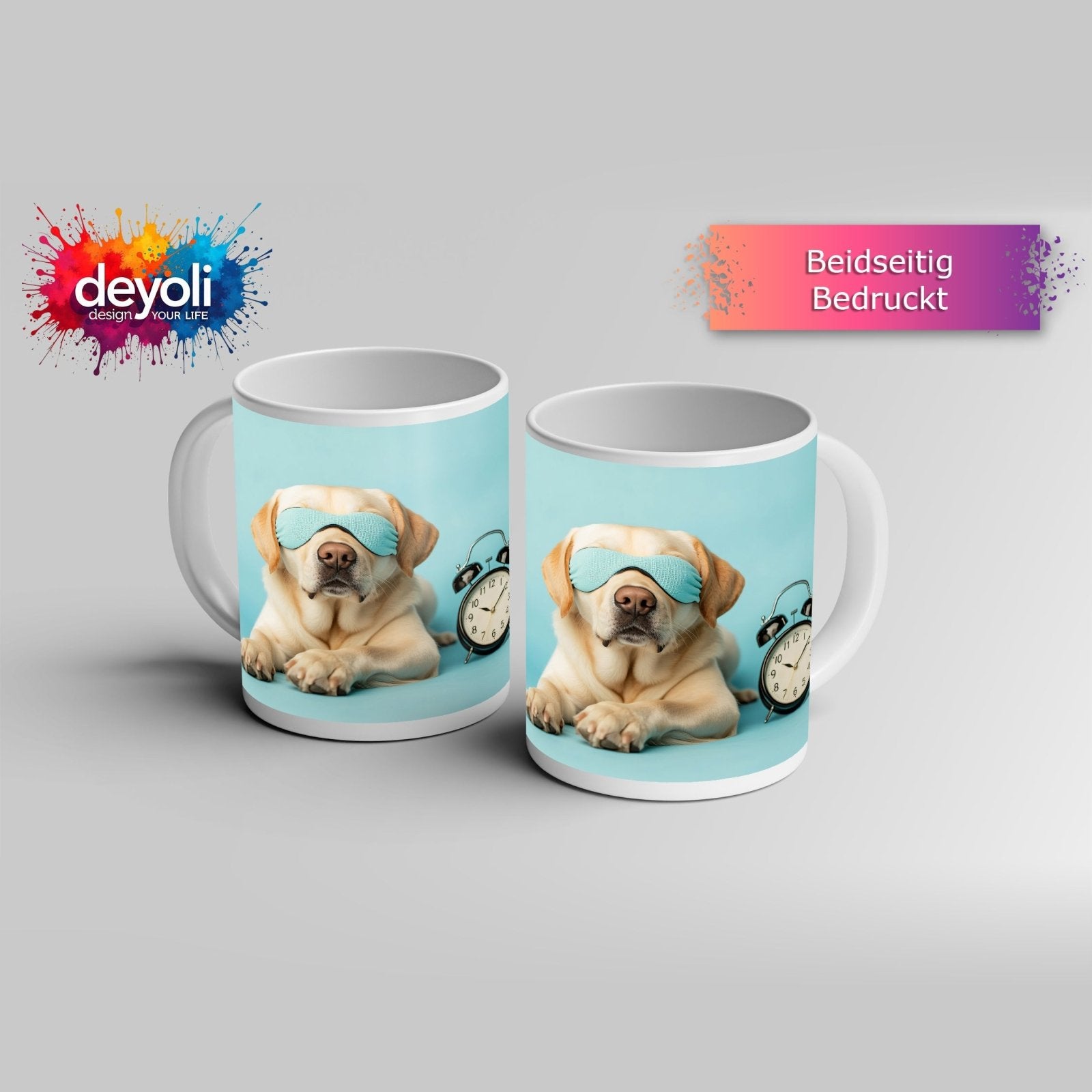 Motivtasse Schlummernder Hund – Traumstunde trifft Weckerstil. - deyoli
