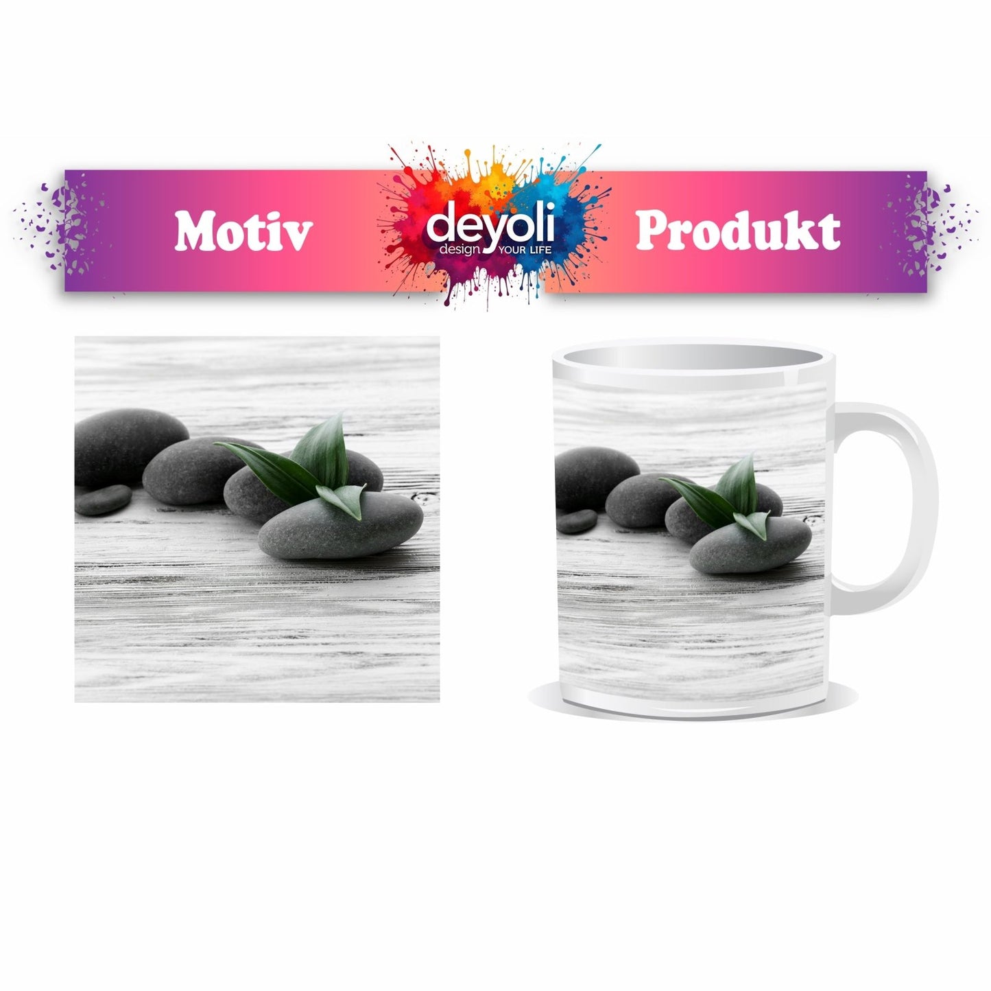 Motivtasse Schwarze Steine, grünes Blatt – Ruhe auf weißem Holz. - deyoli