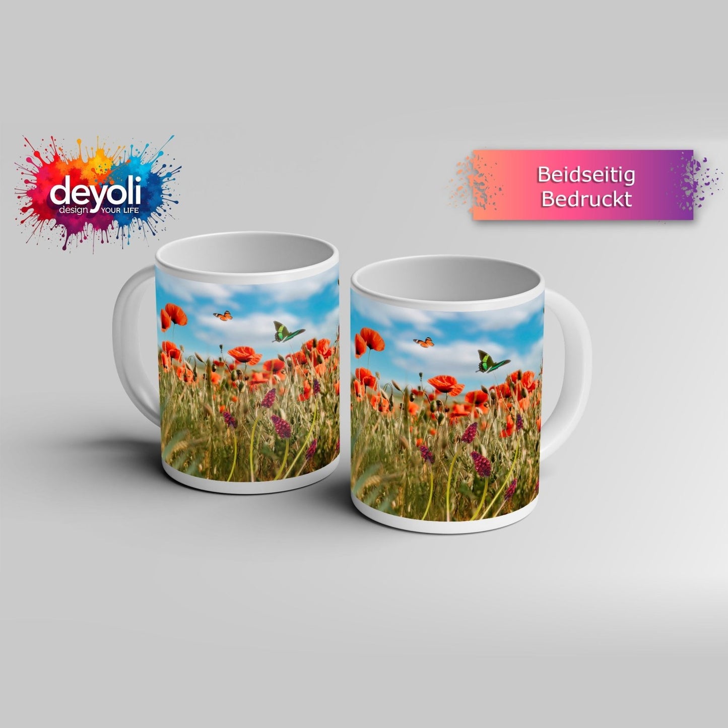 Motivtasse Sommerwiese tanzt im Wind mit Schmetterlingskuss. - deyoli