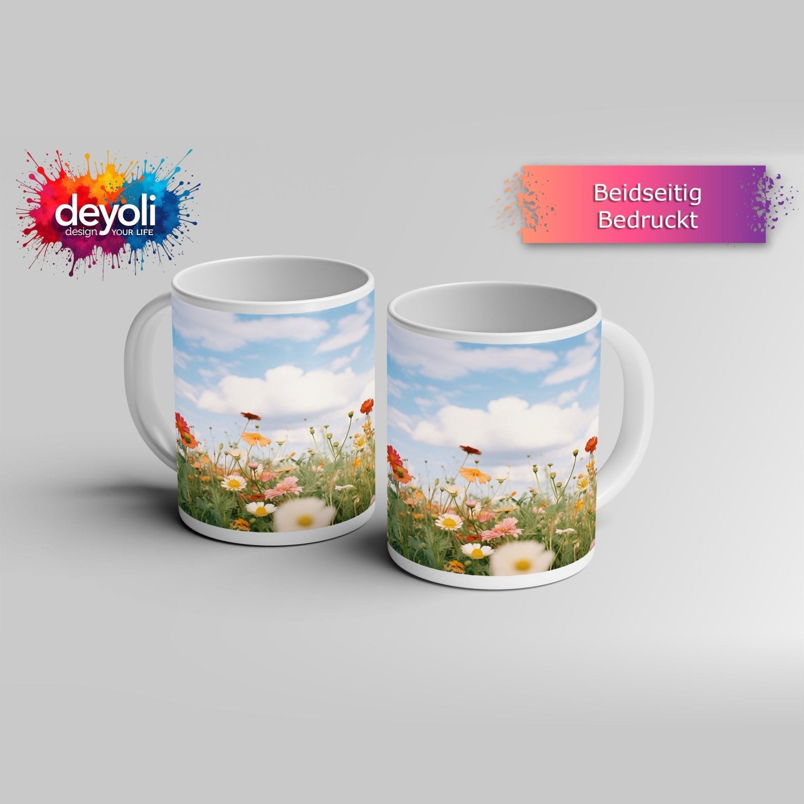 Motivtasse Sommerwiese tanzt unter Wolken im goldenen Licht. - deyoli