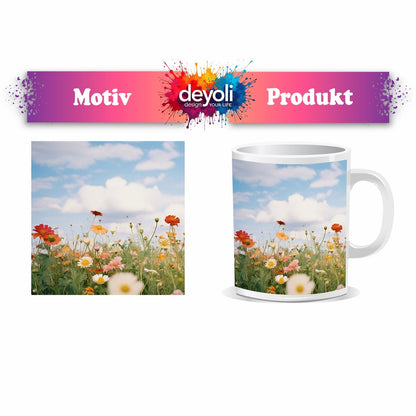 Motivtasse Sommerwiese tanzt unter Wolken im goldenen Licht. - deyoli