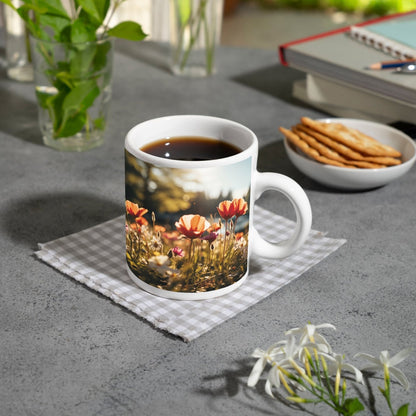 Motivtasse Sonnenstrahlen fluten ein Meer aus leuchtenden Blüten. - deyoli