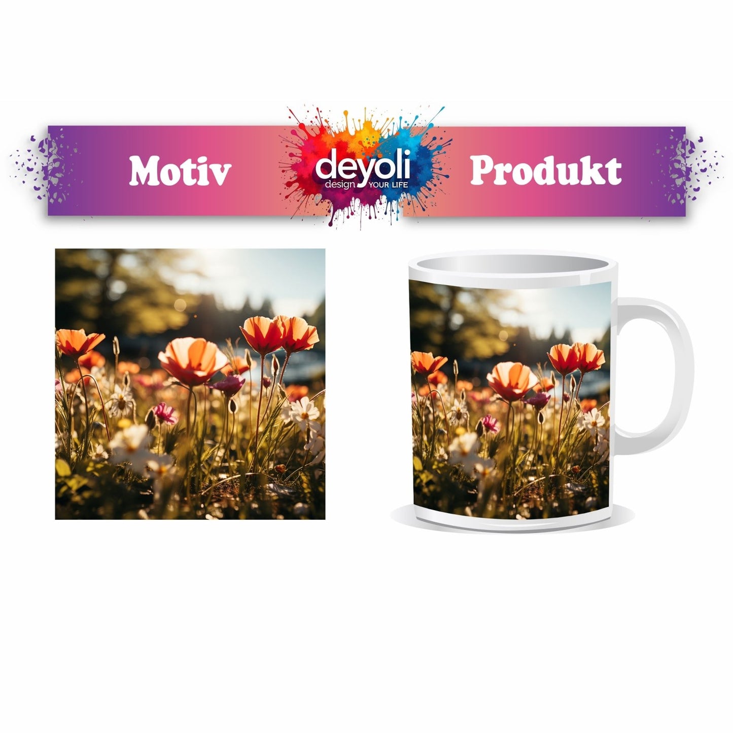 Motivtasse Sonnenstrahlen fluten ein Meer aus leuchtenden Blüten. - deyoli