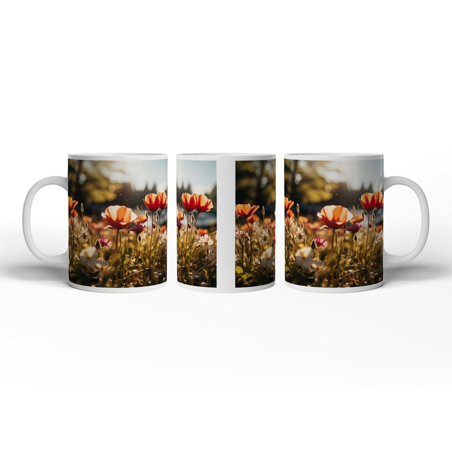 Motivtasse Sonnenstrahlen fluten ein Meer aus leuchtenden Blüten. - deyoli